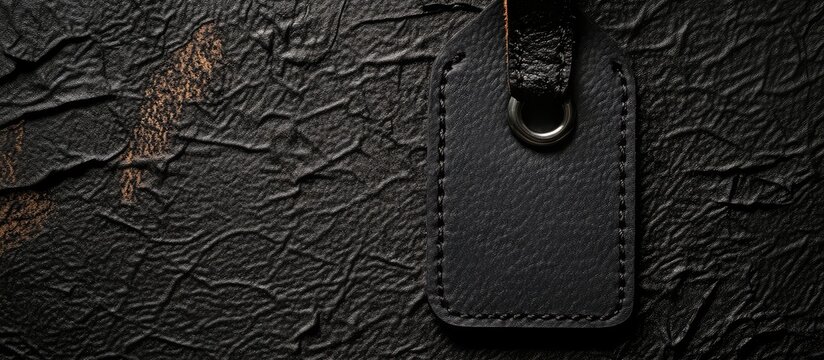 Black leather tag on textured background with empty space for text insertion