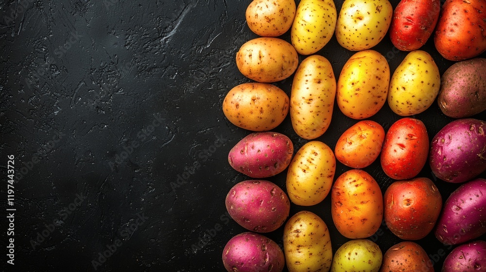 Poster Isolated of colorful varieties of potatoes placed side by side emphasizing diversity in color Stock Photo with side copy space