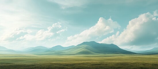 Fototapeta premium Idyllic panoramic view of mountain hills and clouds in a peaceful countryside landscape with empty space for text.