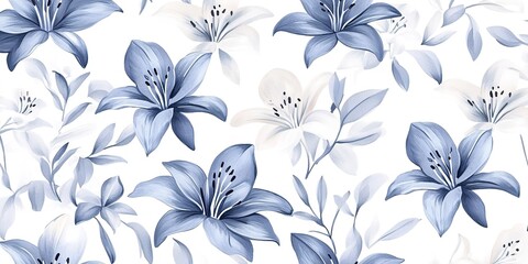 A seamless pattern of lilies in shades of blue and gray, arranged on a white background, in a watercolor style.