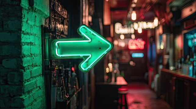 A neon one-way arrow sign in green, directing visitors toward a hidden speakeasy bar entrance