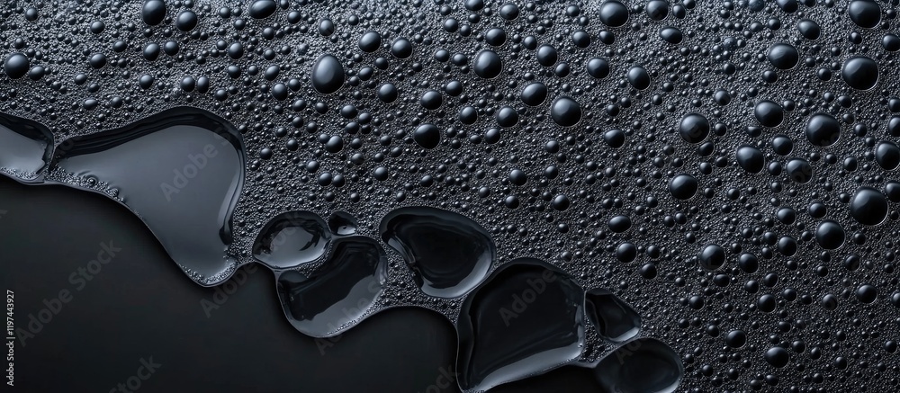 Poster black liquid surface with bubbles and droplets creating a textured background copy space for overlay