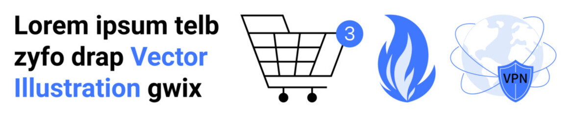 Shopping cart with notification, blue flame, and shield with VPN globe. Ideal for e-commerce, cybersecurity, online shopping, internet security, safety, protection, technology. Landing page