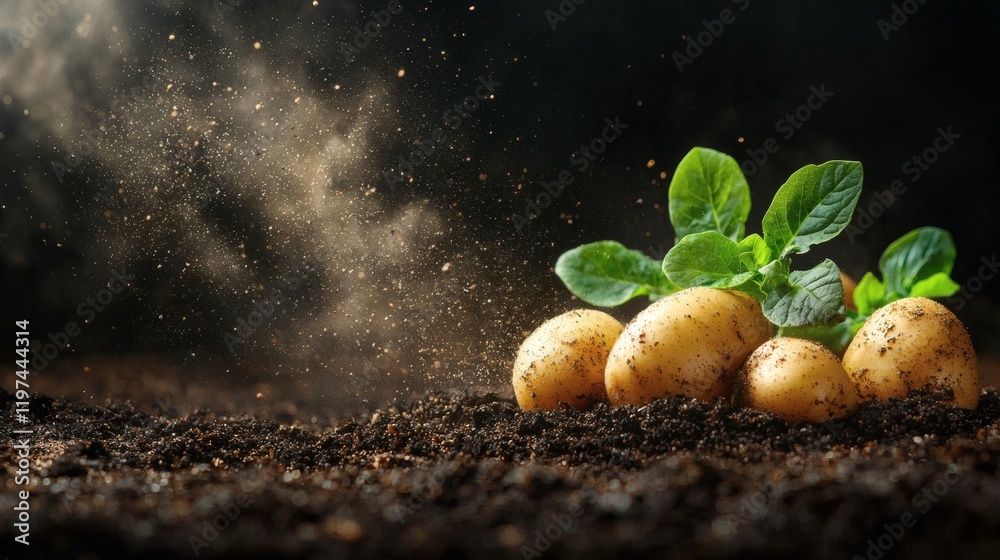Poster isolated of potatoes with skin lightly dusted with soil to convey a freshly harvested feel stock pho