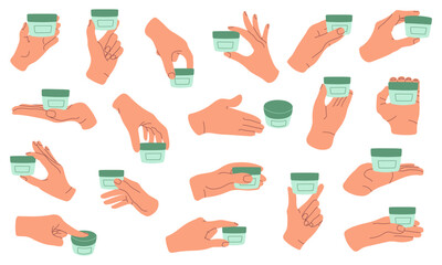 Set of illustrations featuring hands holding, opening, and using a cream jar. Flat style design with soft colors. Perfect for skincare, beauty, or cosmetic product presentations.