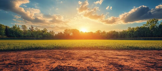 Baseball field at sunset with vibrant orange and yellow sky, lush green outfield, and textured brown dirt foreground, suitable for text overlay.