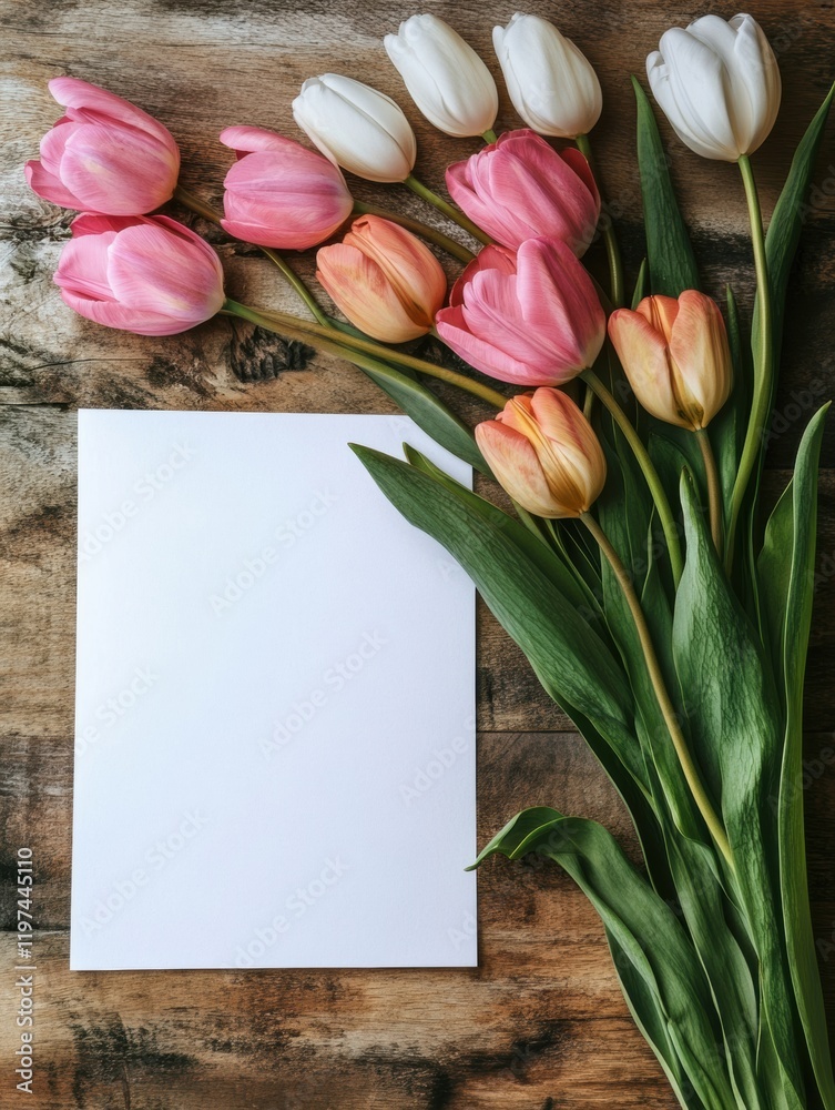 Fototapete Bright tulips beside an empty white sheet of paper on a rustic wooden table for creative design and writing. Generative AI