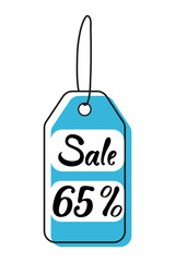 Bright blue sale tag displaying a 65 percent discount on products for shoppers