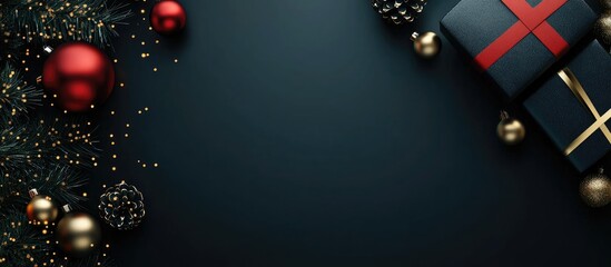 Elegant Black Friday Sale Banner Featuring Dark Background With Red and Gold Christmas Ornaments And Gift Boxes In Top Right Corner For Text Placement