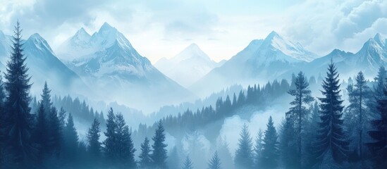 Obraz premium Misty mountain landscape with evergreen trees and distant peaks under a cloudy sky Copy Space