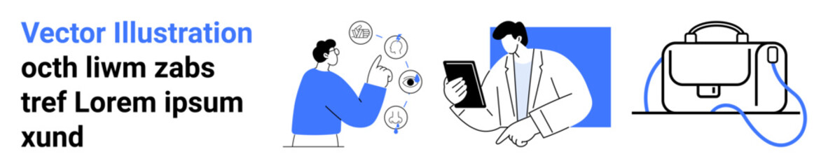 Businessman with tablet collaborating, colleague giving a thumbs-up, office icons, blue accents. Ideal for business presentations, teamwork, consulting, corporate training, workflow, remote work
