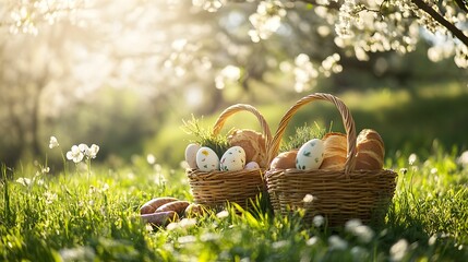 Obraz premium Wielkanoc, koszyk wielkanocny, pisanki, wiosna, ogród, trawa, kwitnące drzewa, koszyki, tradycja, święta, świeże powietrze, świąteczne dekoracje, poranne światło, natura, świąteczne jedzenie, chleb, w
