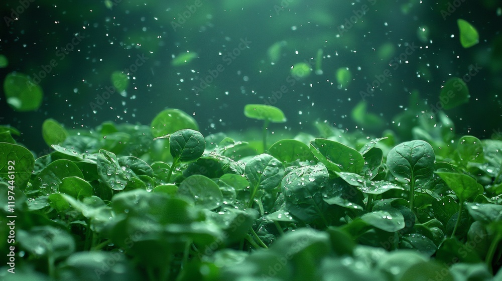 Poster isolated of baby spinach leaves scattered randomly highlighting their tender size stock photo with s