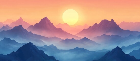 Obraz premium Majestic Sunset Over Misty Mountains in Gradient Hues of Orange and Purple with Expansive Sky and Room for Text Input