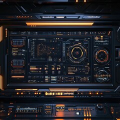 Futuristic control panel, glowing orange, dark interface.