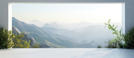 Mountain landscape with soft morning light, panoramic view through a white frame, lush greenery in the foreground, light blue and gray tones.