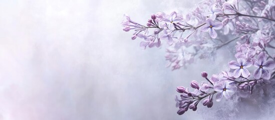 Fototapeta premium Delicate purple lilac blossoms on a soft gray background creating an elegant and serene composition with ample empty space for text and design elements