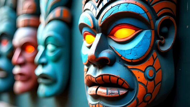 Tribal tiki mask carving, with bold geometric designs in blue and orange