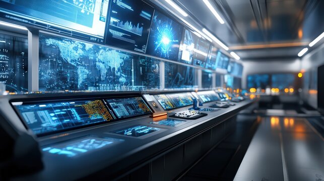 A modern control center filled with digital screens and AI monitoring systems for railway operations.