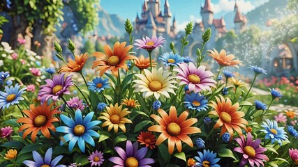 Vibrant wildflowers bloom in a fairytale garden, a majestic castle in the background.  Perfect for greeting cards, children's books, or fantasy settings.