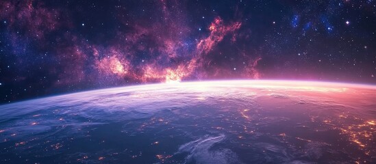 Celestial views of Earth from the Cupola module of the International Space Station with vibrant purple and pink hues in the background, wide-angle perspective.