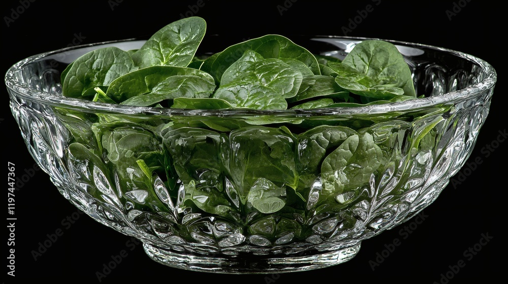 Poster isolated of spinach leaves in a clear glass bowl to emphasize natural color and texture stock photo 