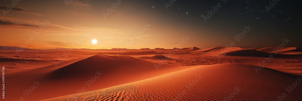 Poster vast desert landscape under a brilliant sunset with serene dunes and clear sky providing ample text 
