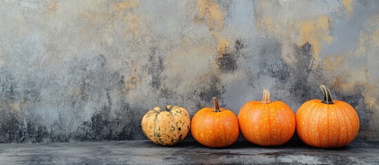 Autumnal pumpkins in vibrant orange hues arranged on a textured stone background with warm earthy tones and ample blank space for seasonal text.