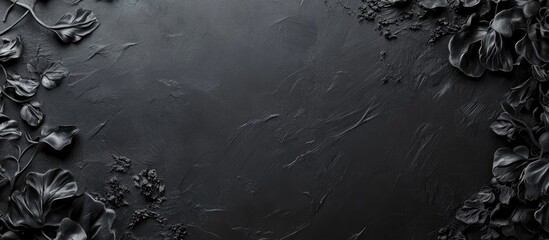 Matte Black Chalkboard Surface with Artistic Floral Accents and Open Blank Area for Text Placement in Dark Tones