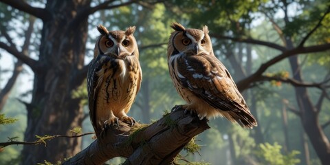 A forest owl perches on a high branch with its head turned back, forest, turned, head