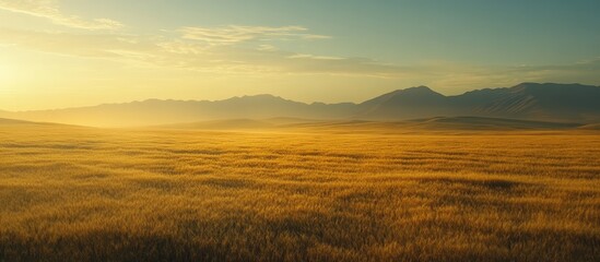 Obraz premium Expansive golden wheat field under a vibrant sunset with distant mountains, featuring open space for text, captured from a wide-angle perspective.