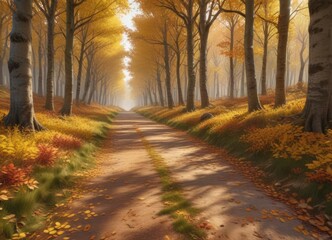 Fototapeta premium A forest path winds through a carpet of golden leaves amidst towering trees in autumn, golden leaves, autumn forest