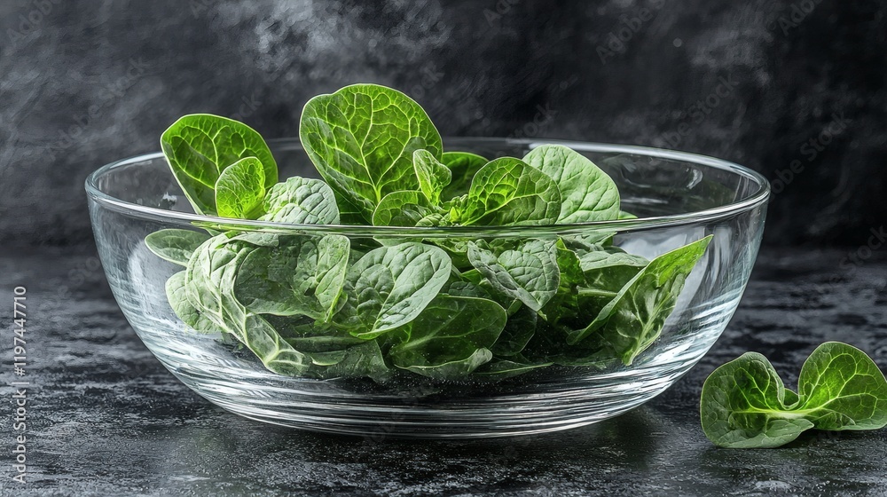 Poster isolated of spinach leaves in a clear glass bowl to emphasize natural color and texture stock photo 