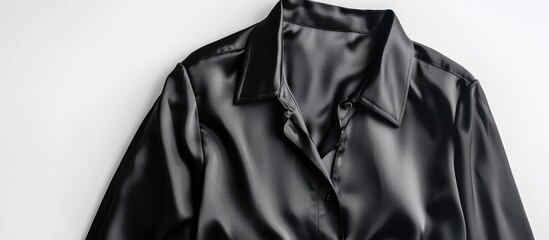Black Satin Long Sleeve Women's Shirt on White Background with Blank Space for Text