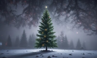A frosty foggy night scene with a lone evergreen Christmas tree shining bright, , wintery landscape, shining star
