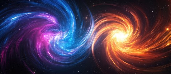 Obraz premium Colorful Colliding Galaxies in Blue Pink and Orange Swirls with Cosmic Background and Empty Space for Text in a Wide Format