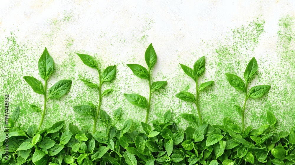 Poster Isolated of torn spinach leaves arranged artfully to display their texture and freshness Stock Photo with side copy space
