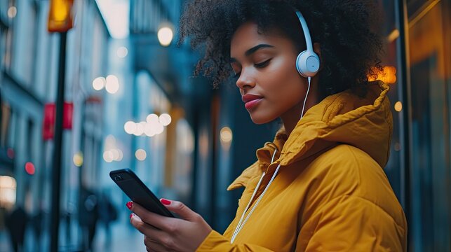 A person holding a smartphone with wireless earphones in their ears, listening to music