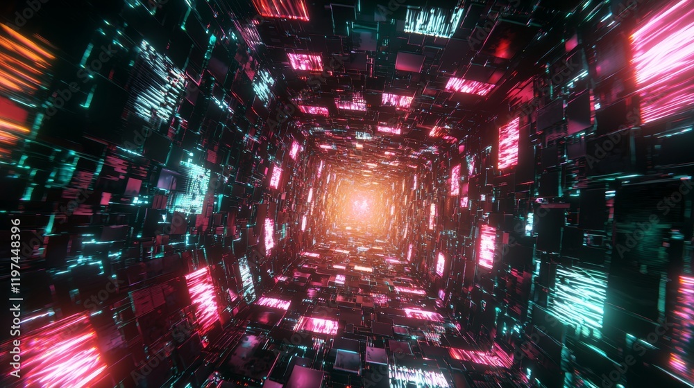 Poster abstract 3d rendering of a technology concept, depicting a futuristic cyberspace background and data