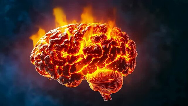 Glowing brain fire darkness.Fiery symbolizing intense thinking.Visual metaphor activity.Concept cognitive burnout.Creative depiction human mind.Mental stress shown blazing.