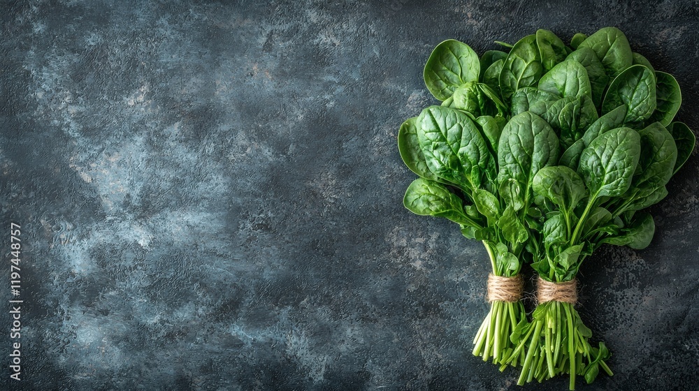 Aufkleber isolated of a tightly bound bunch of spinach with visible stems and crisp edges stock photo with sid
