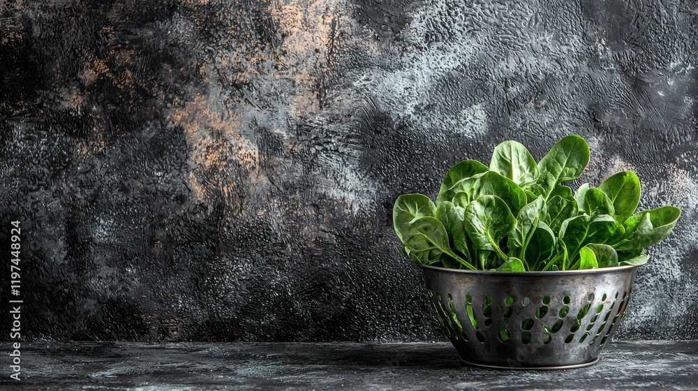 Poster isolated of spinach leaves in a metal colander highlighting a preparation stage stock photo with sid