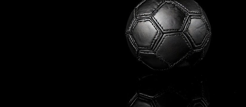 Black leather soccer ball positioned on a dark reflective surface, creating a striking contrast and ample space for text insertion.