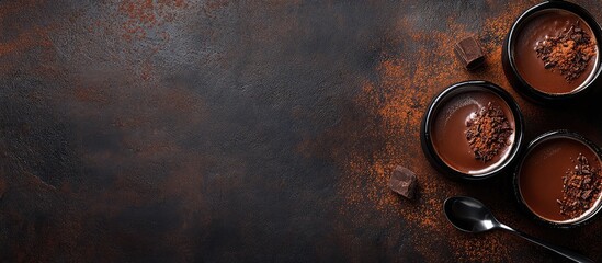 Decadent Chocolate Brownies with Cocoa Cream and Milkshake, Dark Background, Copyspace for Text, Flat Lay Arrangement of Dessert Bowls and Spoon