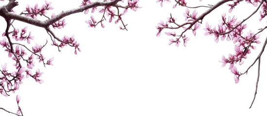 Delicate Pink Blossoms of Redbud Tree Branches Framing White Space for Text in Tranquil Spring Setting