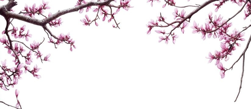 Delicate Pink Blossoms of Redbud Tree Branches Framing White Space for Text in Tranquil Spring Setting