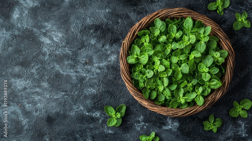 Poster Isolated of loose spinach leaves placed in a woven basket for a rustic presentation Stock Photo with side copy space