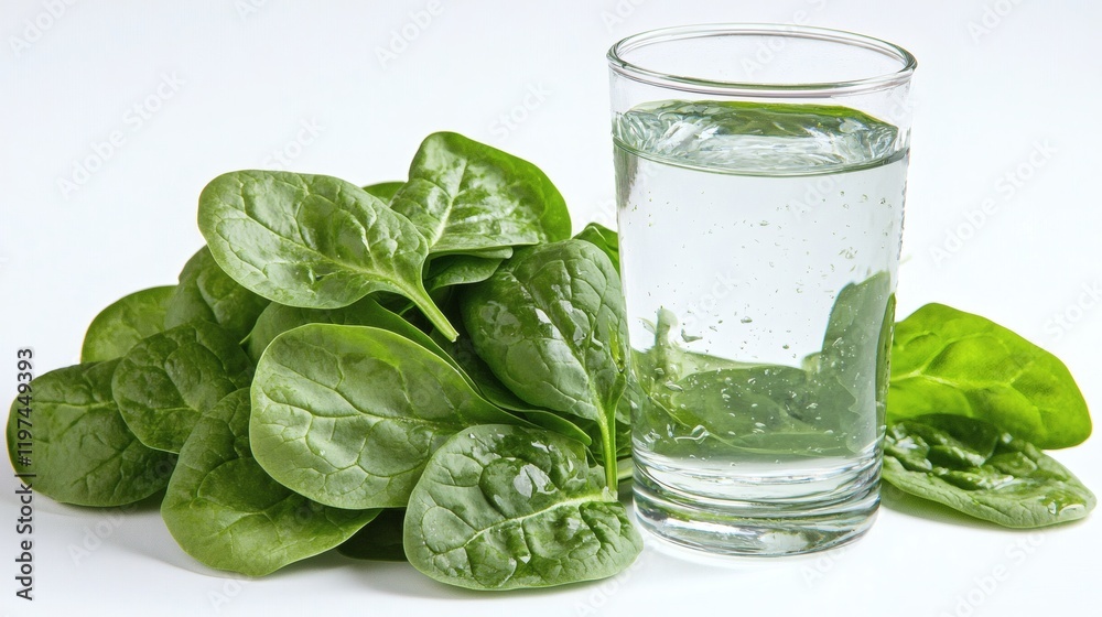 Poster Isolated of a tightly bound bunch of spinach with visible stems and crisp edges Stock Photo with side copy space