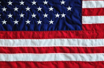 A detailed close up view of an American flag gently waving in the wind