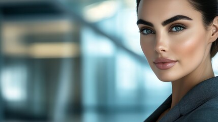 Naklejka premium Close-up Portrait of a Confident Businesswoman with Blue Eyes Posing in a Modern Office Setting